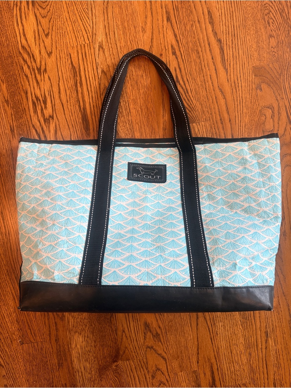 Scout Blue Pattern Tote with Black Trim and Handles with top zipper